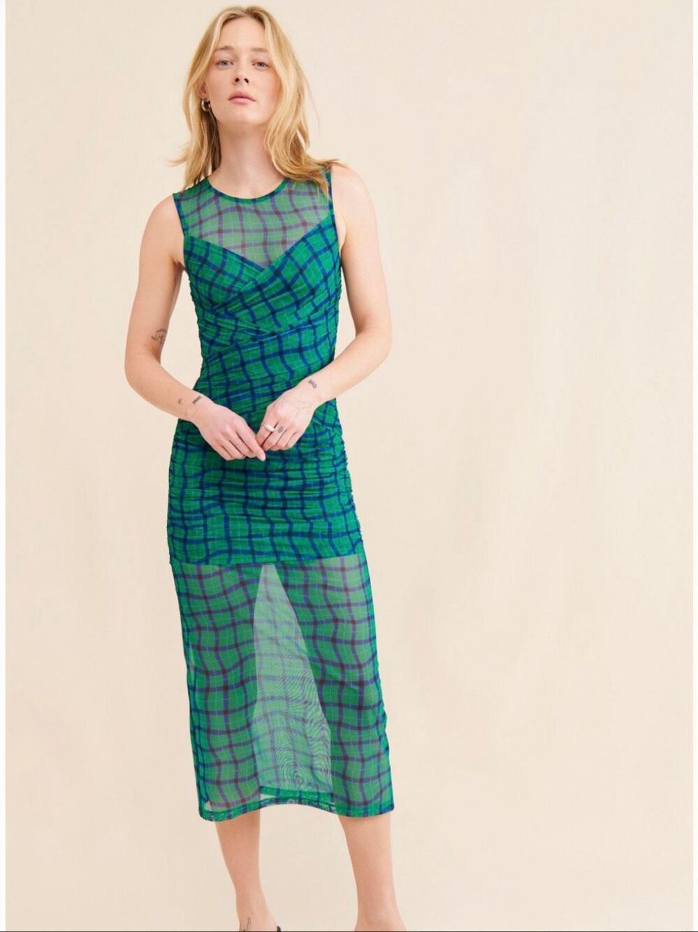 Simon Miller Sz L Kinny Ruched Plaid Mesh Midi Dress Anthropologie Green Blue - Picture 9 of 12